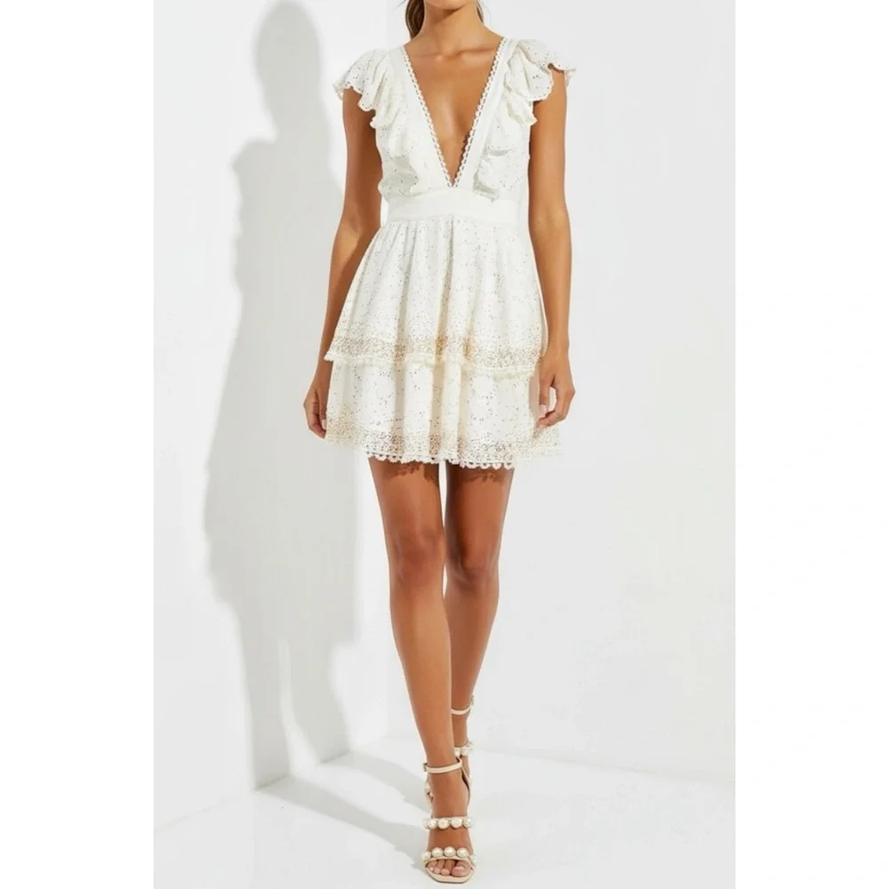 FARM RIO Eyelet Beaded Mini Dress, Off White, XS - Picture 7 of 15